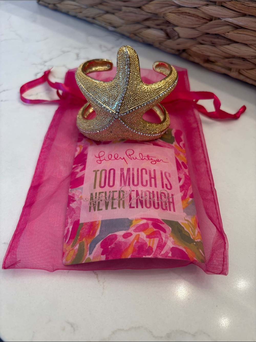 Lilly Pulitzer Gold Starfish Cuff Bracelet with Pink Drawstring Pouch